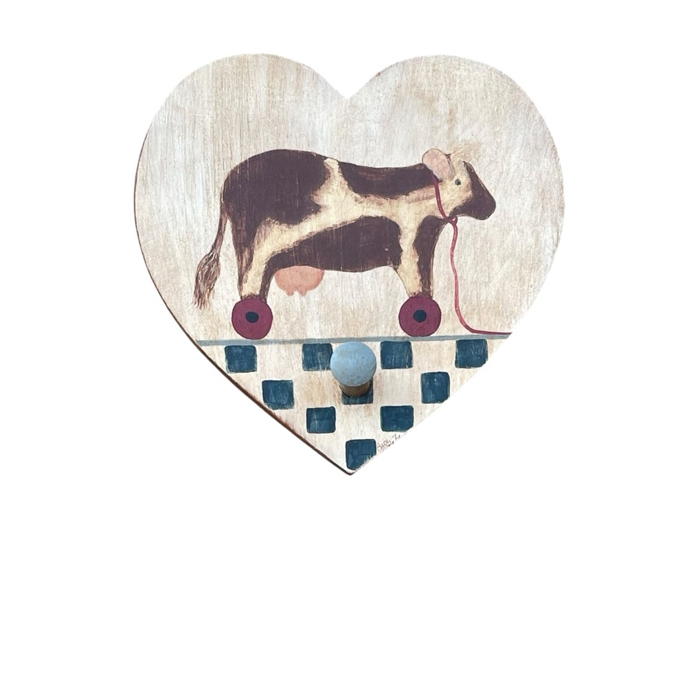Vintage Heart Hand Painted Cow Wall Hook Hanging Rustic Country Primitive Farm